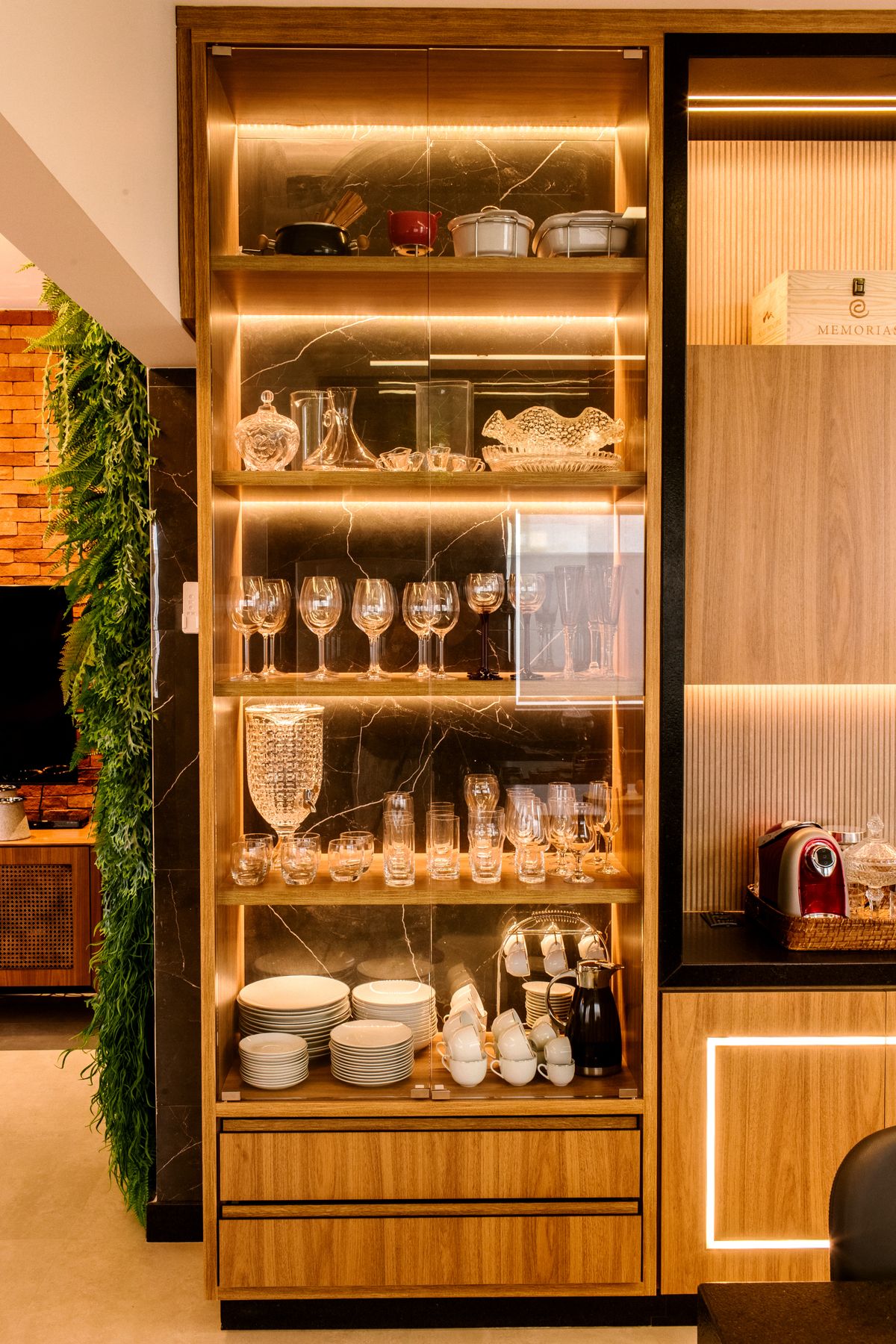 Glass display sideboard with LED lighting for wine glasses and tableware storage