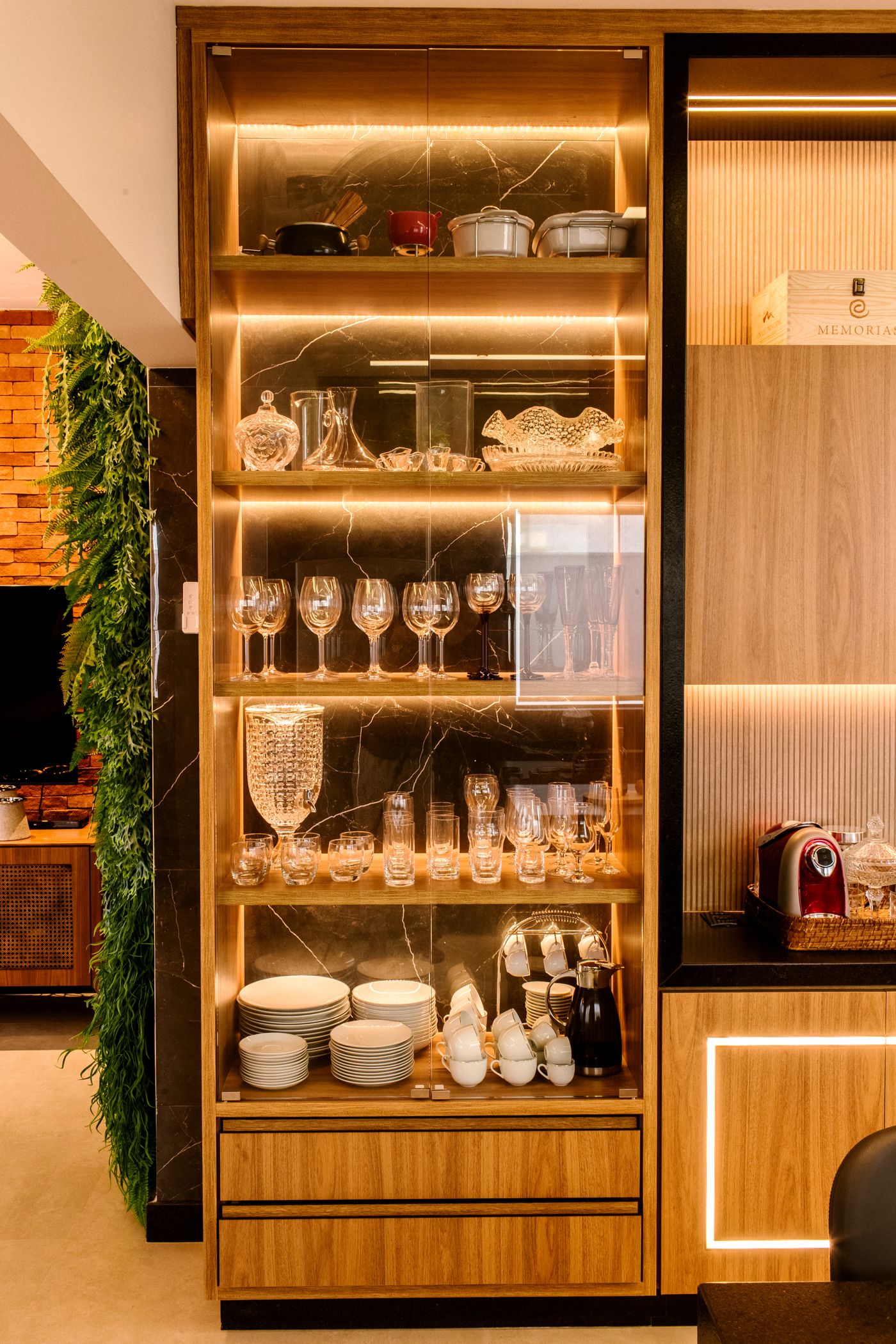 Coffee bar cabinet and wine storage cabinet combined with glass display sideboard lighting