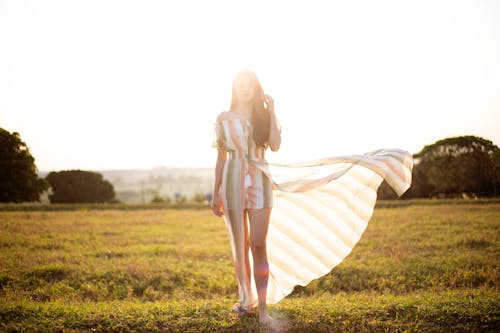 Free Woman in Dress Standing on Grass Field Stock Photo