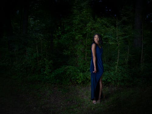 Gratis Fotos de stock gratuitas de bosque, modelo negro, vestido azul Foto de stock