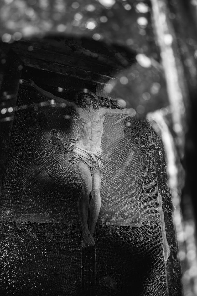 Black And White Photograph Of Jesus In The Crucifix