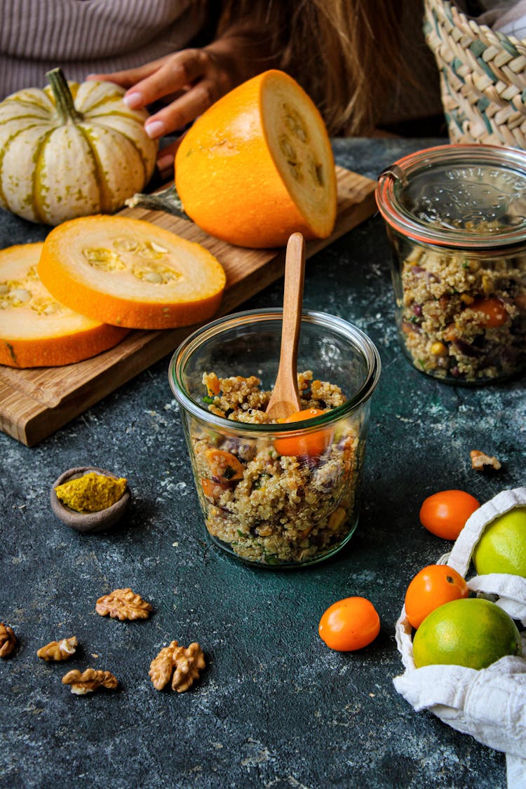 Food In A Glass And Various Products On The Table