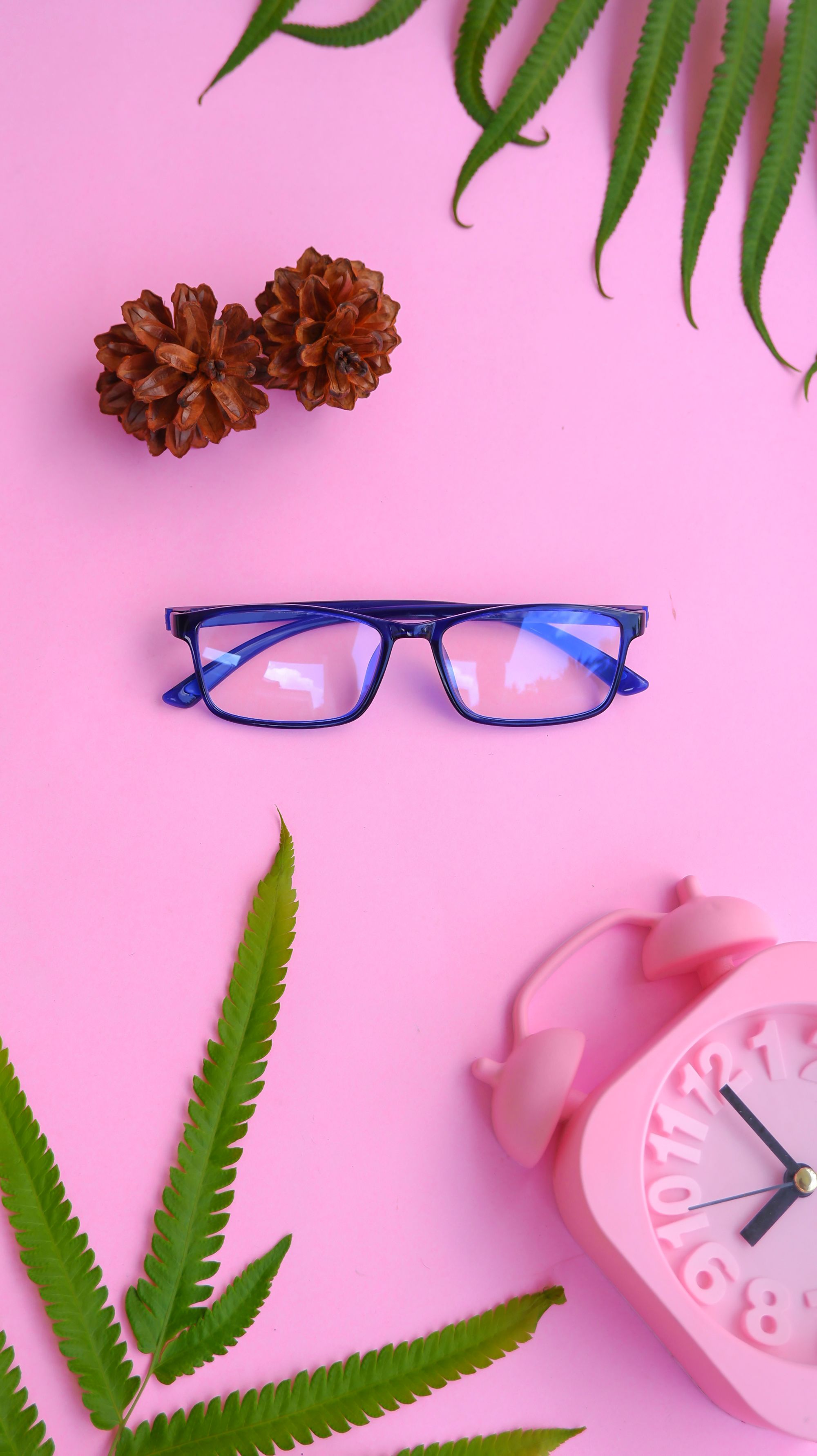 Top view of blue eyeglasses on a pink backdrop with clock and foliage, perfect for a modern lifestyle theme.