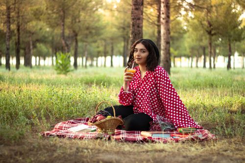 Free Woman in polka dot shirt enjoying a picnic in a Tehran forest, sipping a drink. Stock Photo