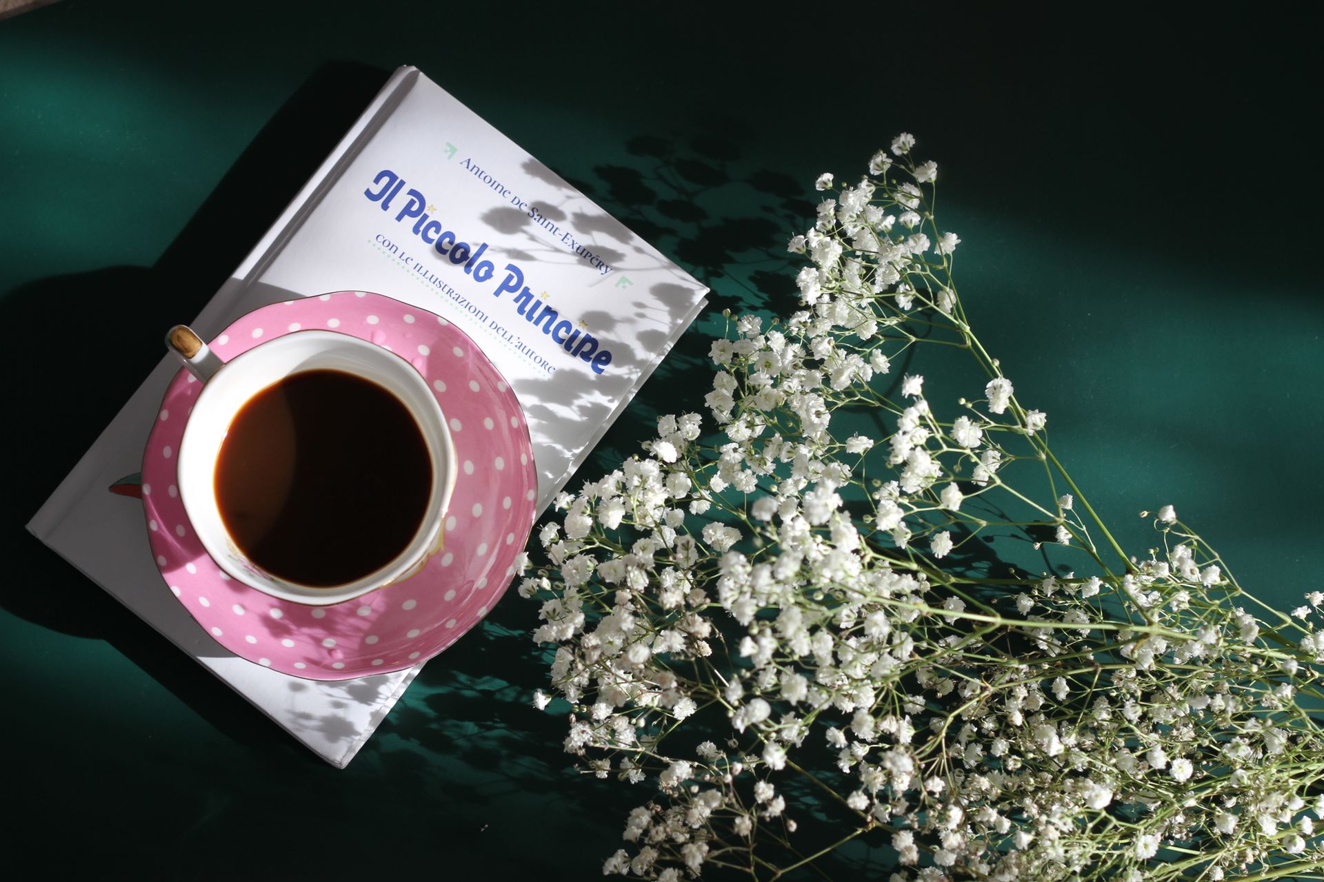 Top view of coffee cup on 'Il Piccolo Principe' book with flowers, creating a cozy still life scene.