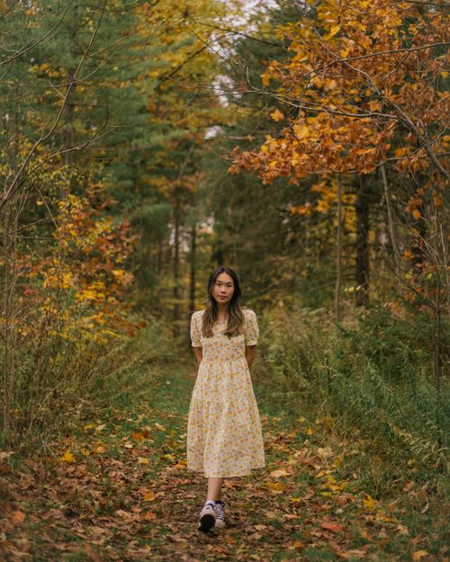 Woman in Blue Dress and Hat Walking in Autumn Park Free Stock Photo Woman in Blue Dress and Hat Walking in Autumn Park Free Stock Photo