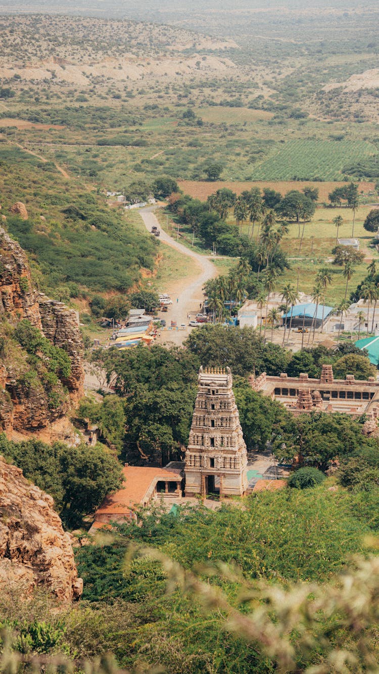 Aerial Shot Of The Sri Yaganti Uma Maheswara Temple, India