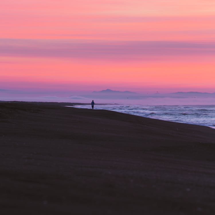 Person Walking On Beach At Dawn