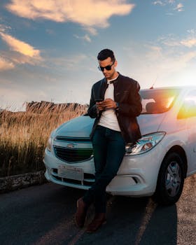 Man leaning on white car, using phone at sunset. Fashionable and relaxed atmosphere.