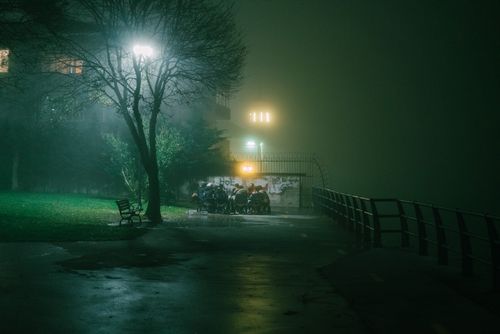 Free A group of people gather beneath streetlights in a foggy urban setting during evening. Stock Photo