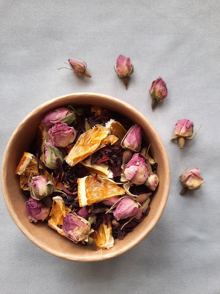 Dried Pink Flowers In The Bowl