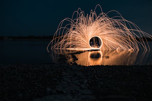 Captivating long exposure shot of fireworks creating mesmerizing light trails over a serene lake at night.