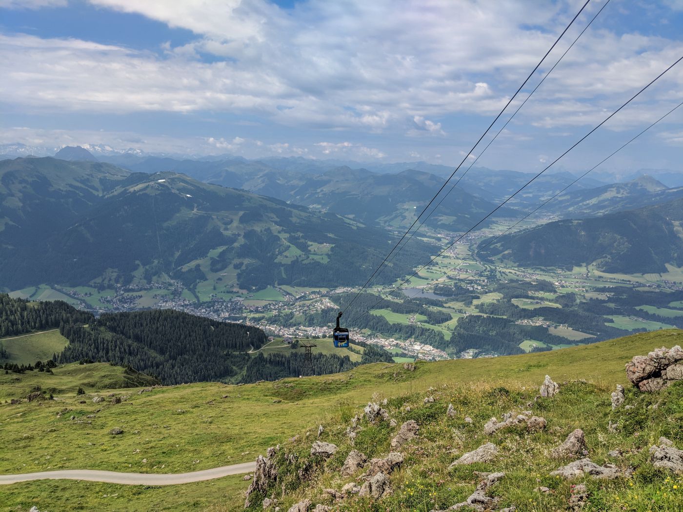 Summer view from the Kitzbüheler Horn in the Kitzbühel Alps, Tyrol, Austria, with a cable car above the valley. Summer photo (taken 14 July 2018), not snow.