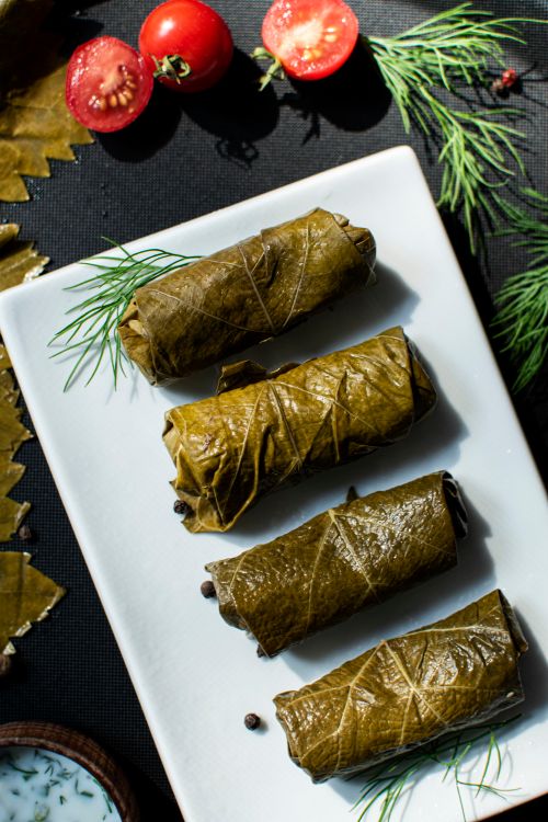 Free Appetizing dolma wrapped in grape leaves served with dill and cherry tomatoes. Stock Photo