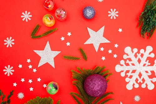 Christmas Decorations on Red Background