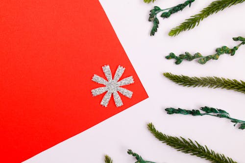 Red Christmas Card Lying next to Tree Branches