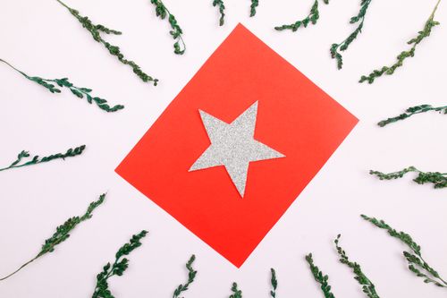 Free Top view of a red card with a silver star and green floral decoration on white background. Stock Photo