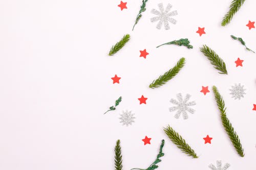 Green Leaves on White Background with Stars and Snow Flakes Paper Cut Outs