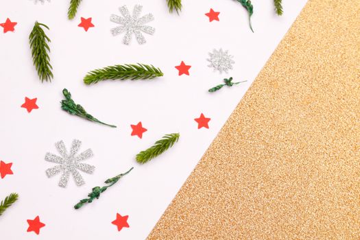 Decorative holiday background with glitter and pine branches, ideal for festive designs.