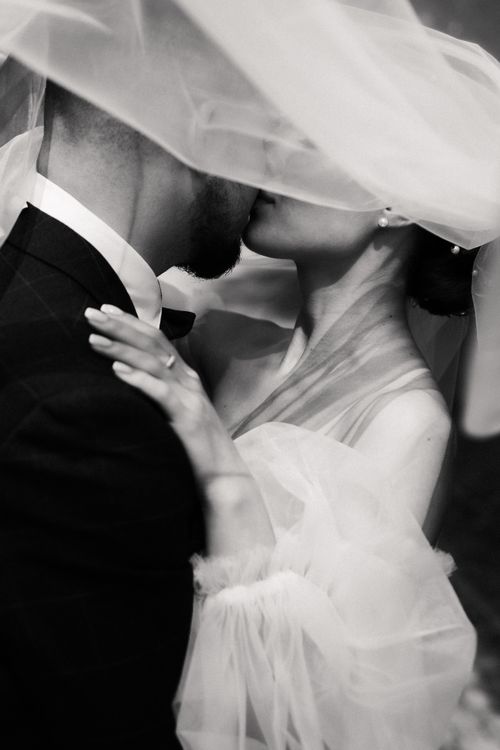 Free A romantic black and white photo of a bride and groom kissing under a veil. Stock Photo