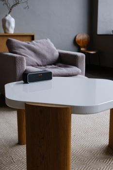 A stylish living room featuring a plush sofa, sleek center table, and modern portable speaker.