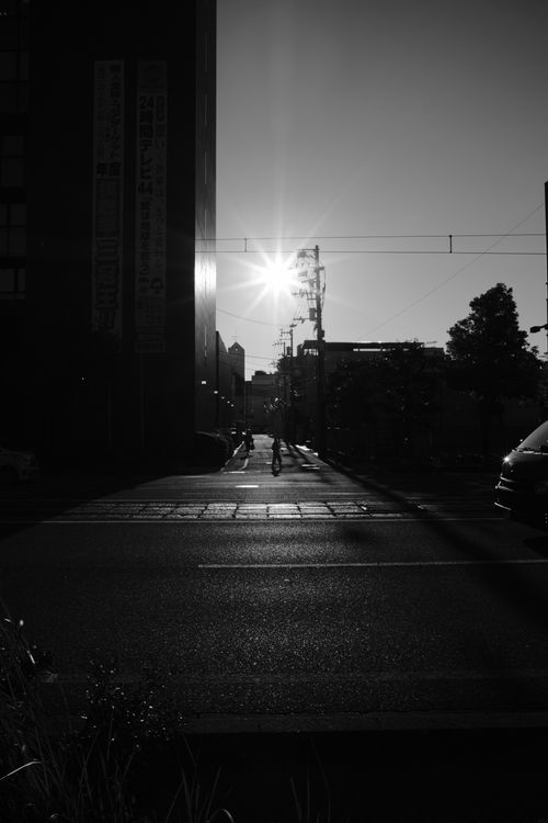 Free Dramatic black and white cityscape featuring a sun flare and silhouettes crossing the street. Stock Photo
