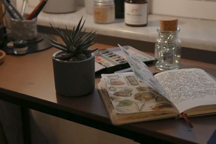 Sketchbook and journaling supplies on a studio desk — photo by Valeria Palesska on Pexels