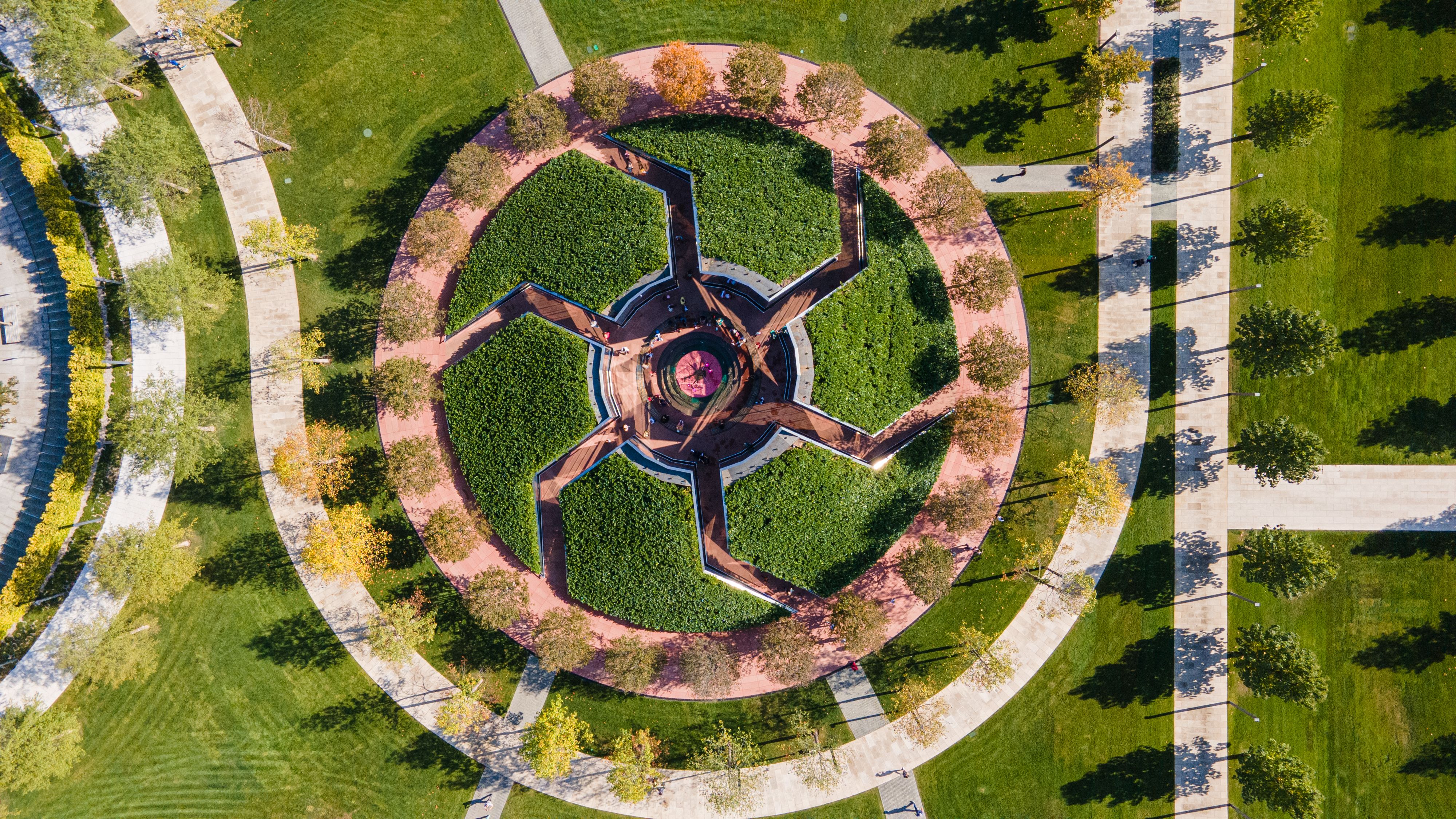 Stunning aerial photograph of park's geometric design in Krasnodar, Russia.