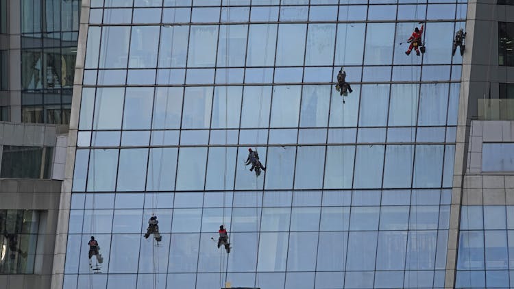 Professional Window Cleaners Cleaning A Glass Building