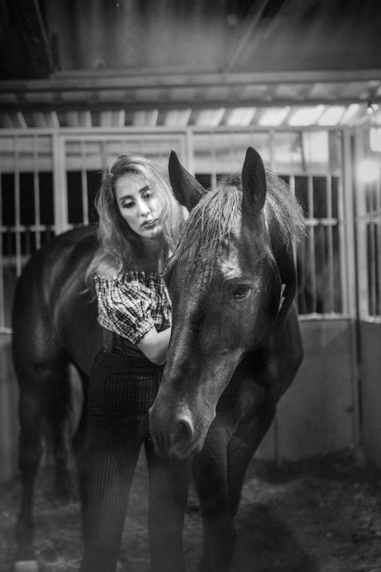 Woman With Horse In Stable