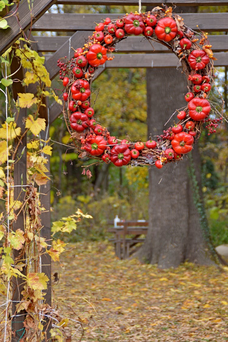 Wreath Made With Peppers On A Wooden Arch