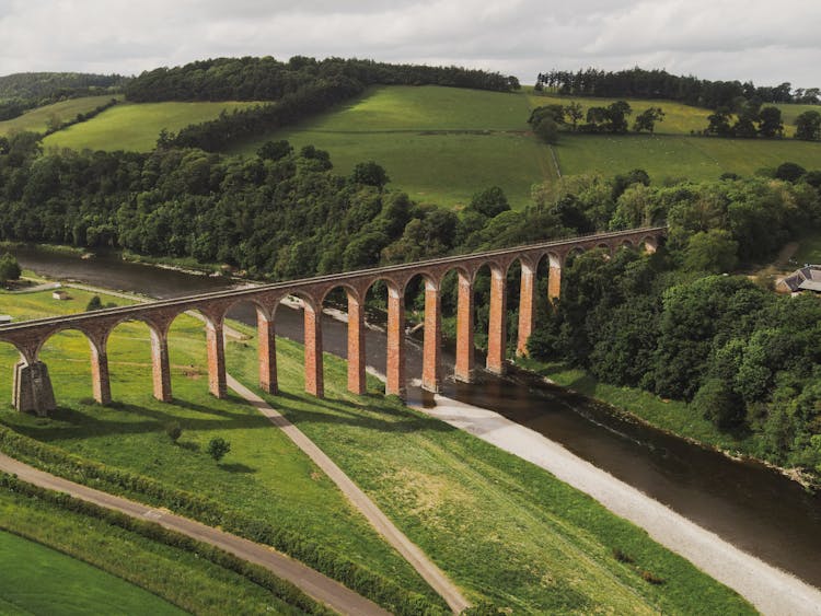 An Aerial Shot Of The Leaderfoot Viaduct In Scotland