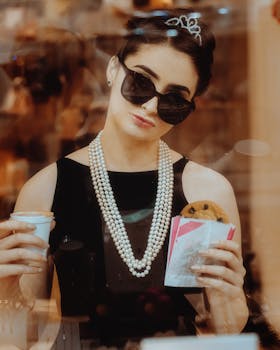Stylish woman in sunglasses holding coffee and cookie behind glass, exuding elegance.