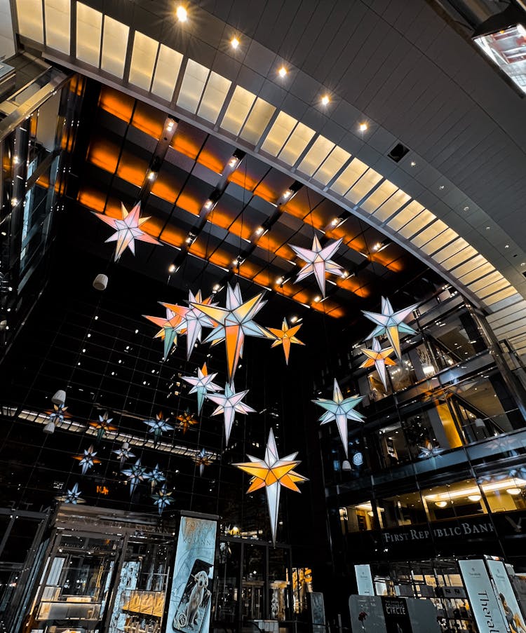 Star Shaped Lanterns Hanging Inside A Mall