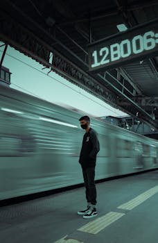 A young man wearing a mask stands at a metro station as a train speeds by, creating a blur effect.