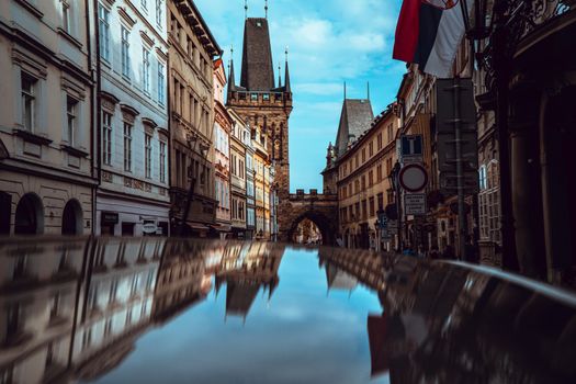 Townhouses by the Street Leading to the Mal Strana Bridge Tower in Prague, Czech Republic