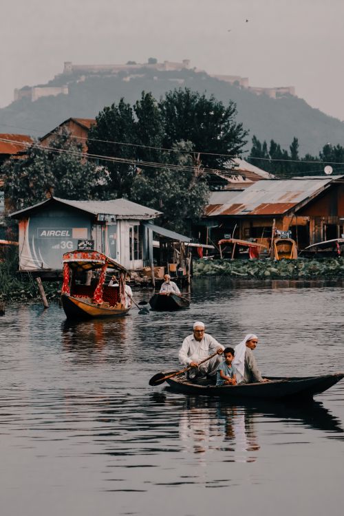 Free A peaceful boat ride on Dal Lake with traditional houses and a mountain in the background. Stock Photo