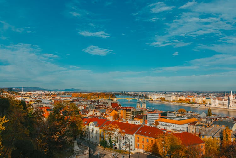 Drone Shot Of River In Budapest