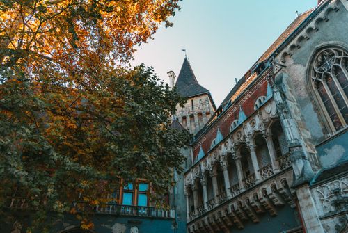Free Scenic view of Vajdahunyad Castle in Budapest with autumn leaves. Stock Photo
