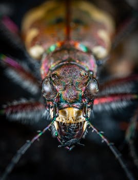 彩色彩虹甲虫的详细特写，展现了鲜艳的色彩和复杂的图案