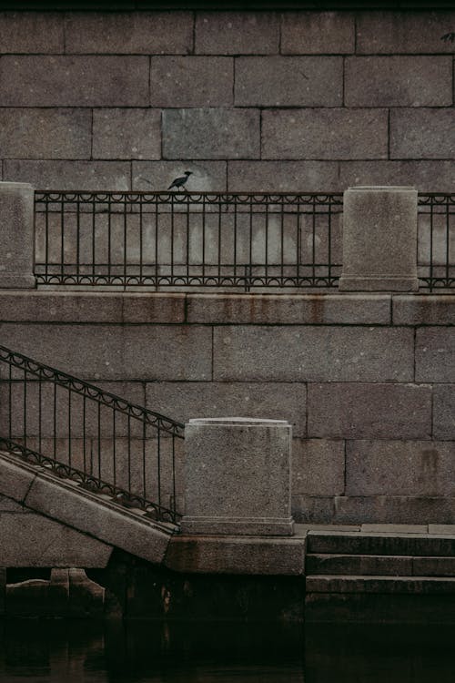 Gray Concrete Staircase With Black Metal Railings