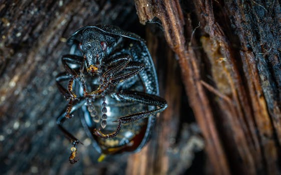 甲虫在木制表面上的详细宏观图像