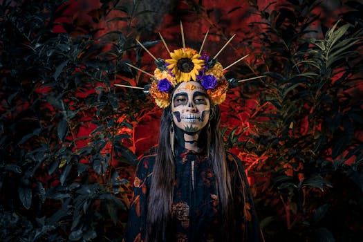 Stunning portrait with vibrant skull makeup, flower crown for Day of the Dead celebration.