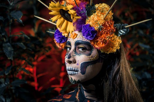 Colorful portrait of a woman with Day of the Dead makeup and floral headpiece.