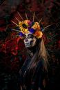 Woman in Black Shirt With Yellow and Orange Flower Headdress