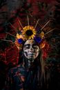 Woman in Black Leather Jacket With Yellow and Brown Floral Headdress