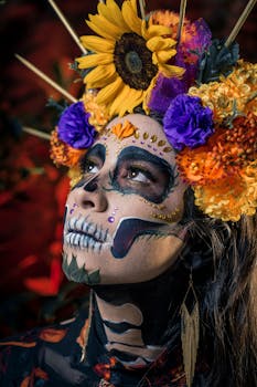 Creative makeup and floral crown in a Day of the Dead festival portrait.
