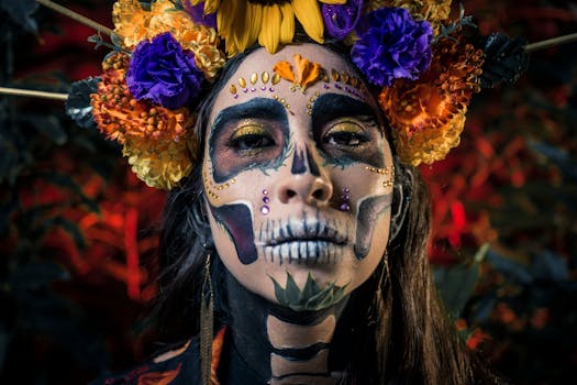 Close-up portrait of a woman with Dia de los Muertos makeup and vibrant flower crown.