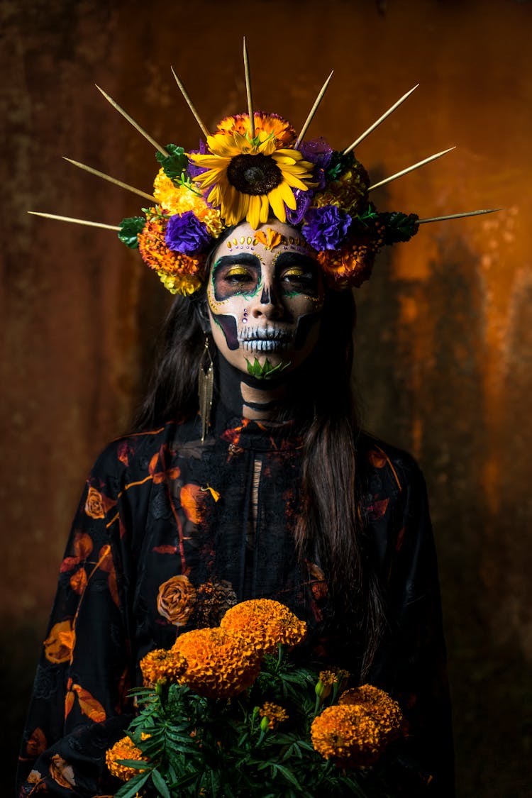 Woman With Flowers On Head For Day Of Dead