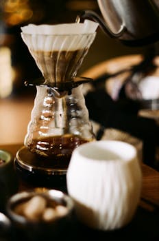 Elegant pour-over coffee brewing apparatus with a warm, inviting ambiance.